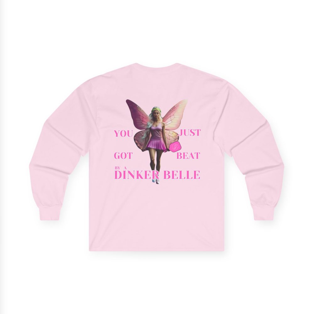 Pink shirt with fairy and text design.