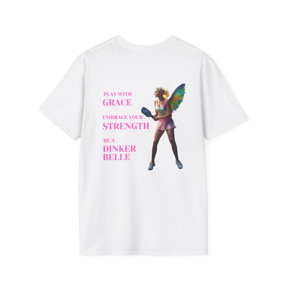 Pickleball fairy-themed T-shirt with colorful wings.