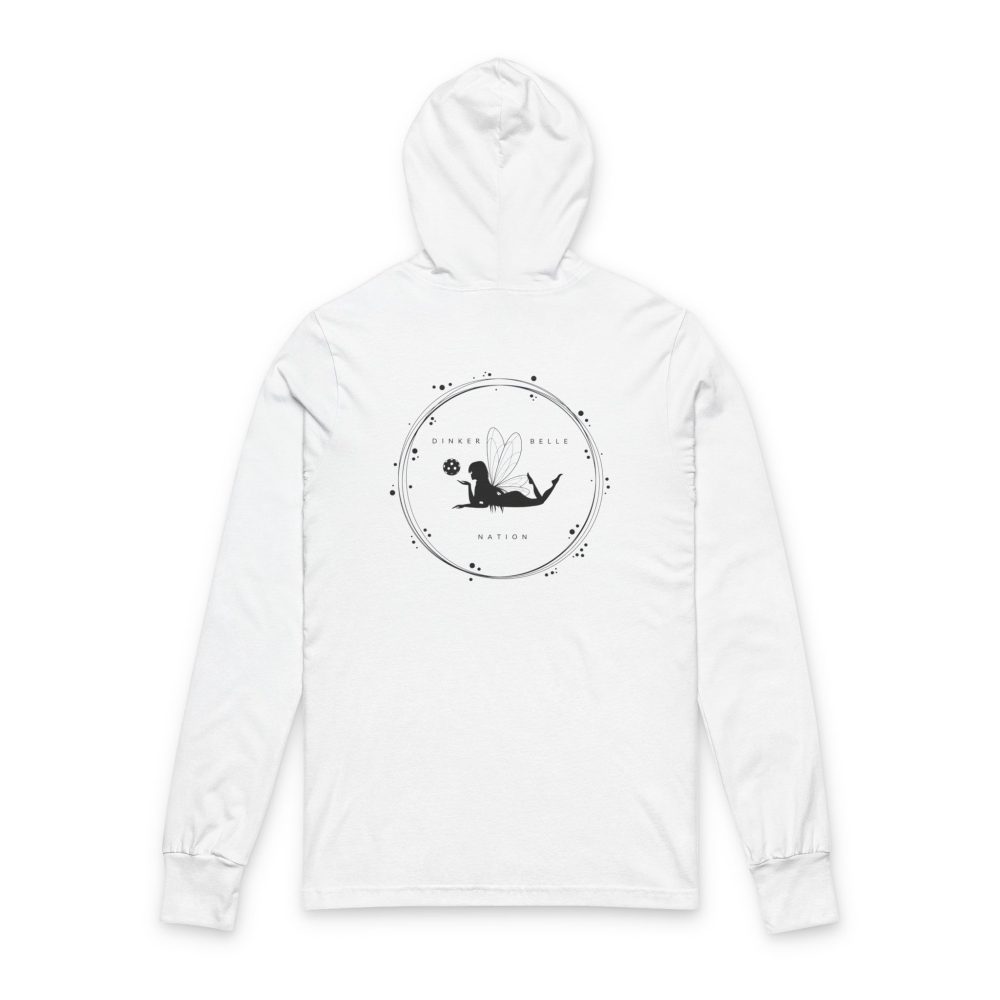 White hoodie with fairy silhouette design.