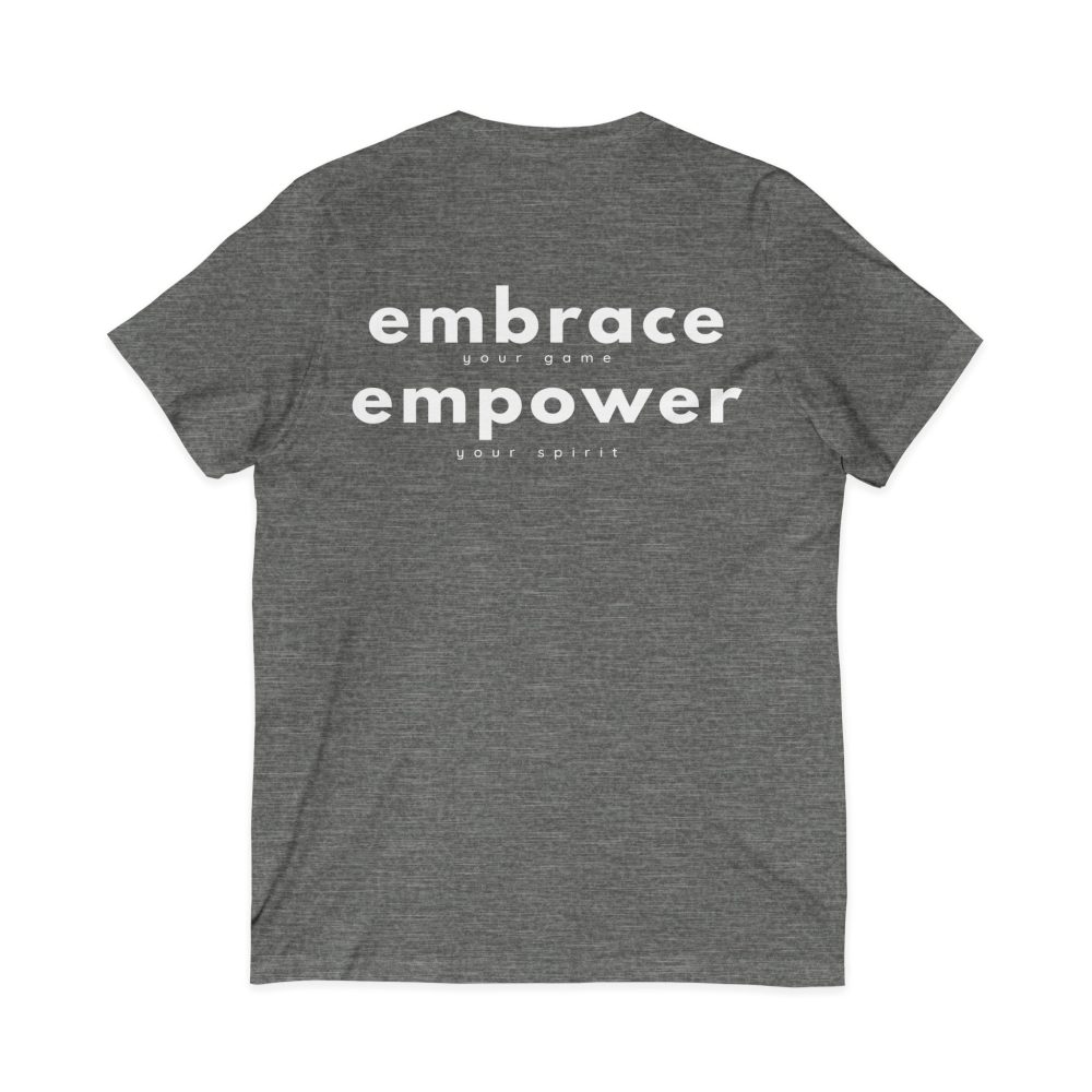 Gray T-shirt with 'embrace, empower' text design.