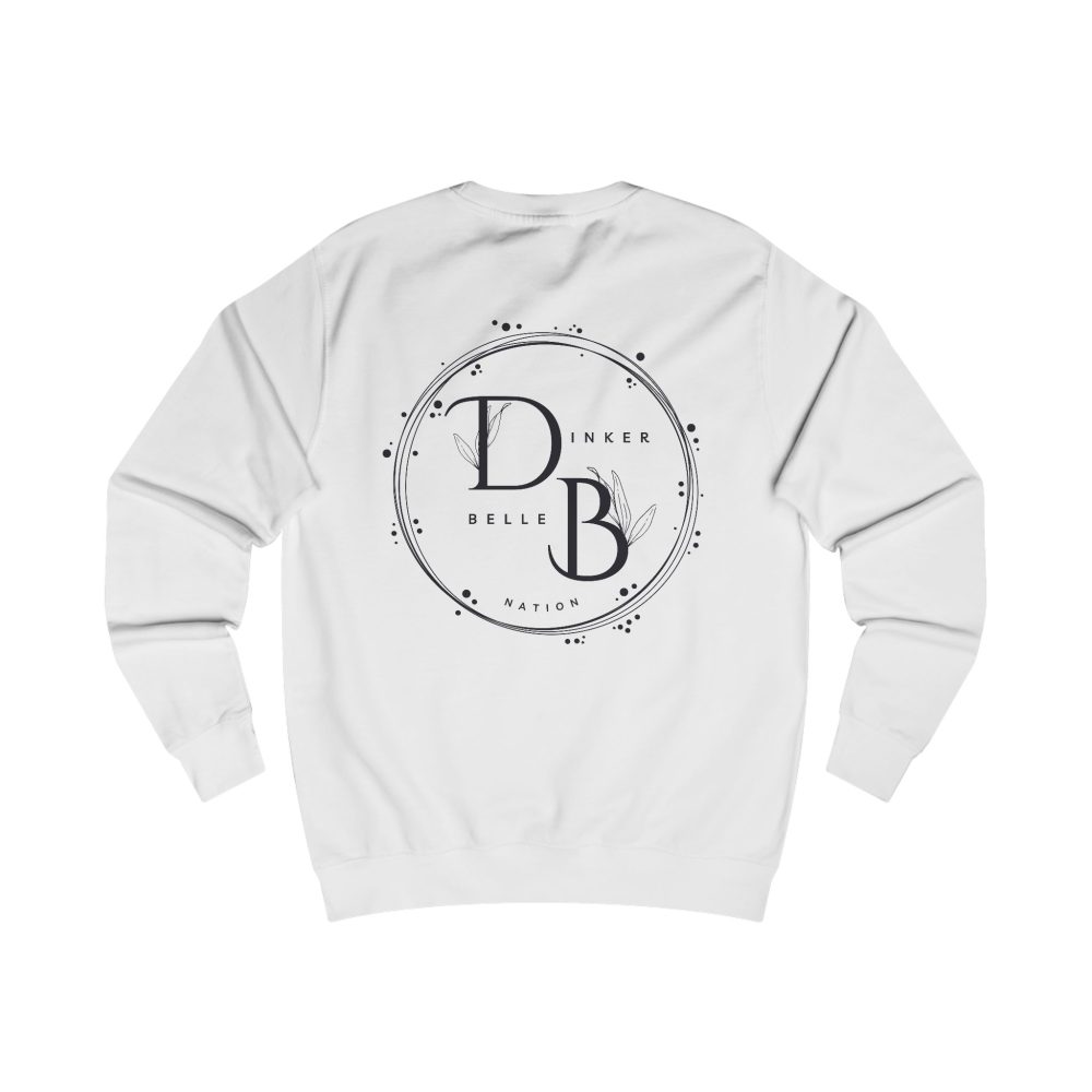 White sweatshirt with Dinker Belle Nation logo