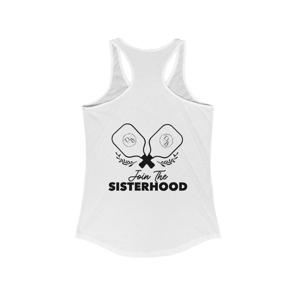 White tank top with 'Join the Sisterhood' print
