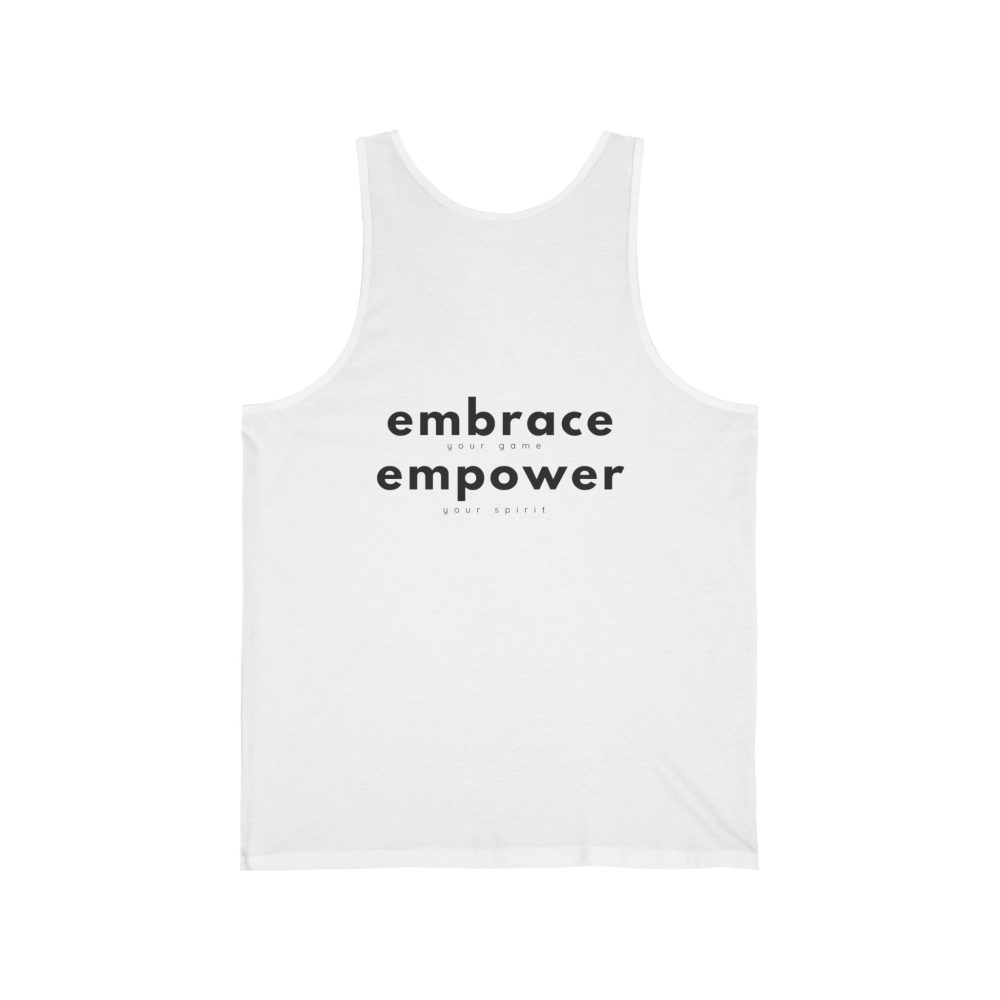 White tank top with motivational text, minimal design.