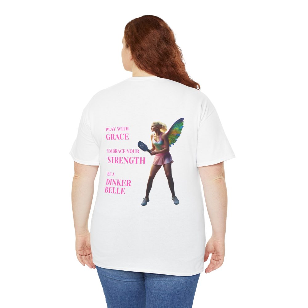 Woman wearing Dinker Belle themed t-shirt