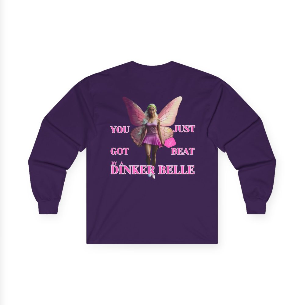 Purple shirt with Dinker Belle and humorous text