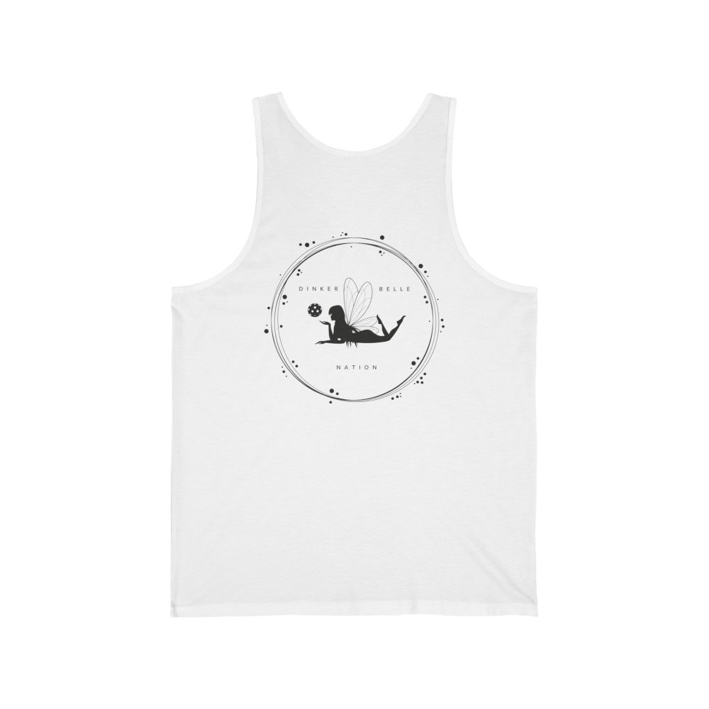 White tank top with fairy logo design.