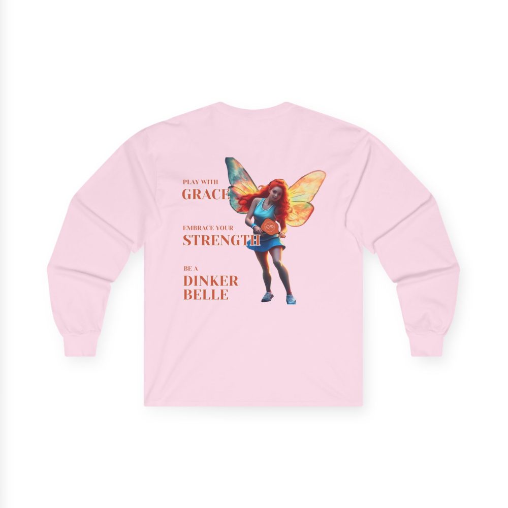 Pink shirt with fairy and motivational text design.