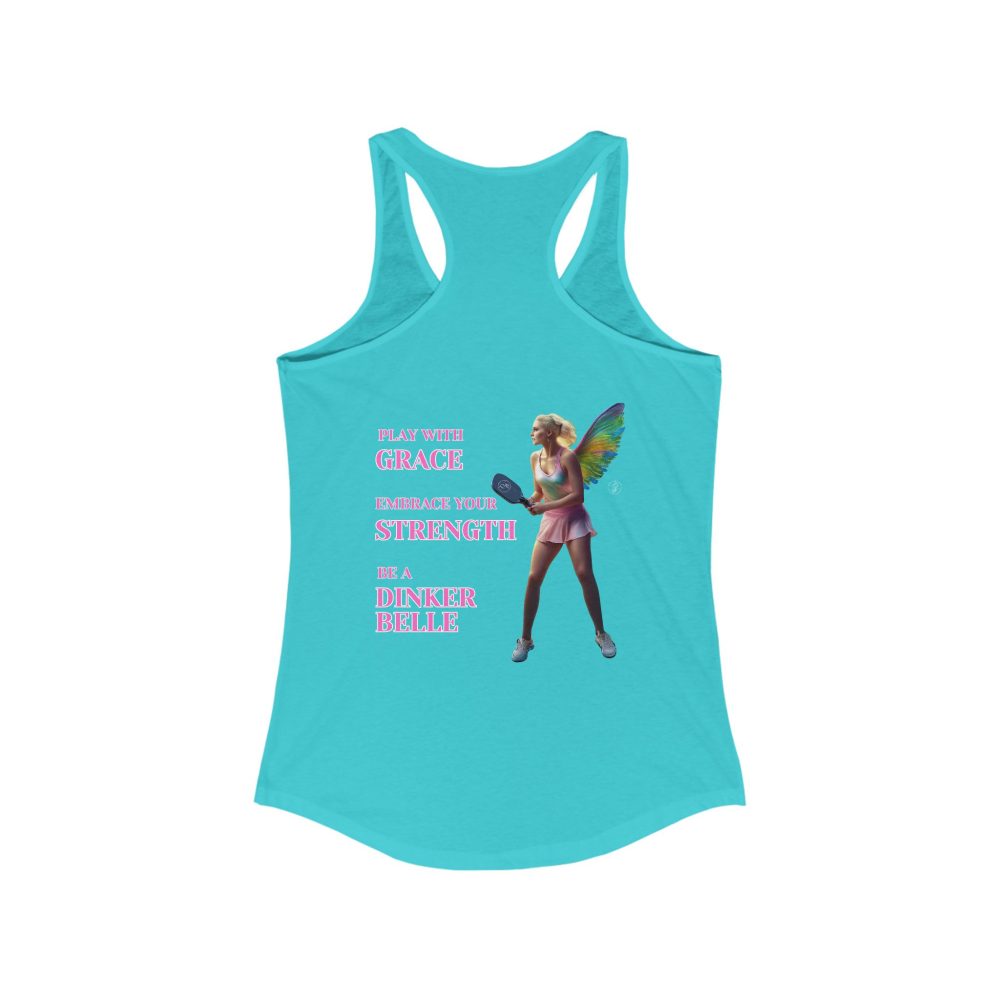 Blue tank top with fairy playing pickleball design.