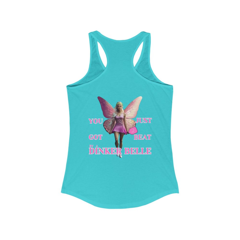Turquoise tank top with fairy graphic and text.