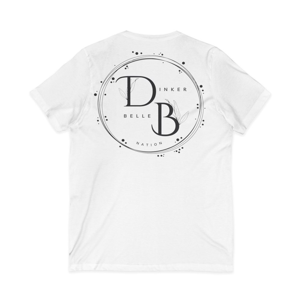 White t-shirt with circular back logo design.
