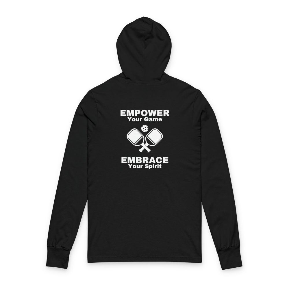 Black hoodie with pickleball-themed design.