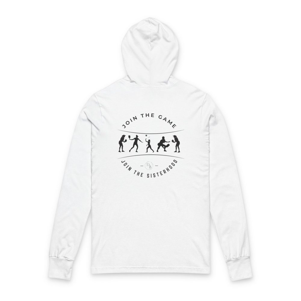 White hoodie with sports silhouettes and motivational text.