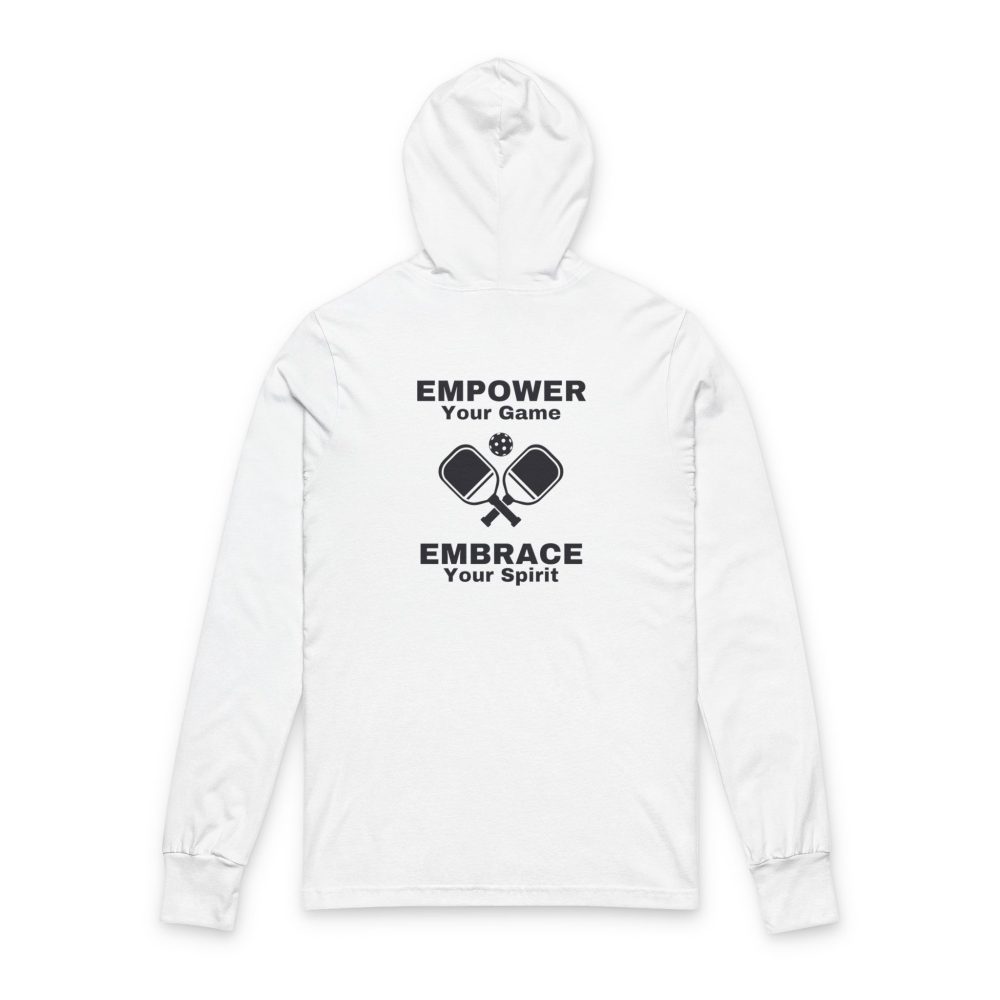 White hoodie with pickleball graphic and motivational text.