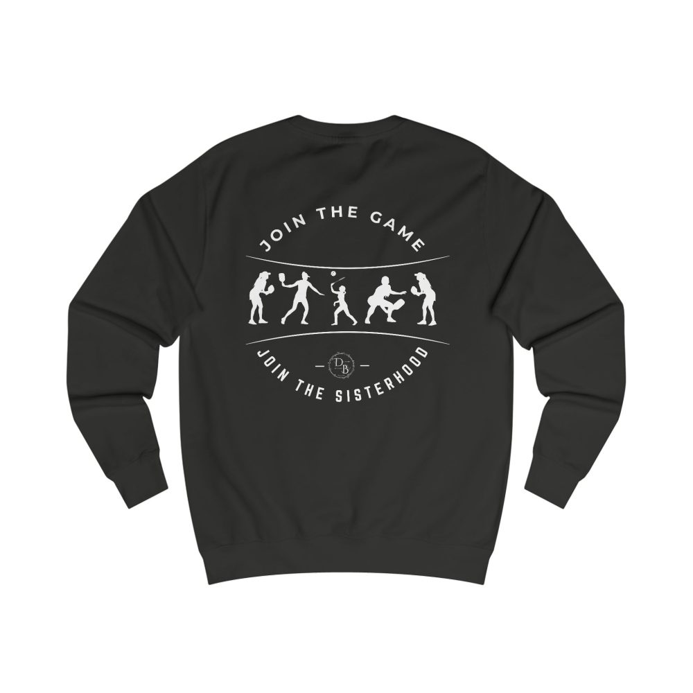 Black sweatshirt with sports silhouette design.