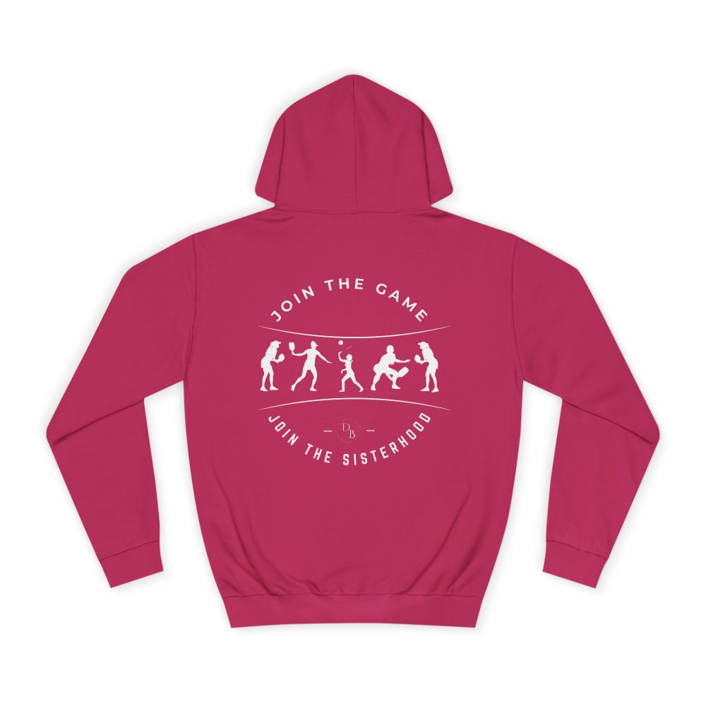 Pink hoodie with silhouette volleyball design, motivational text.