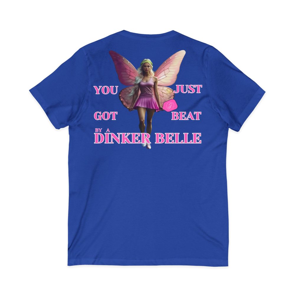 Graphic tee with winged woman and playful text.