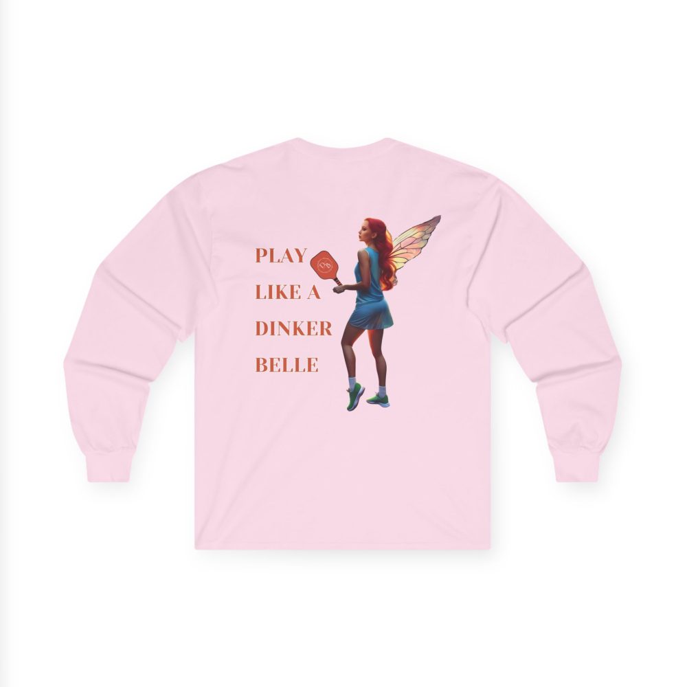 Pink shirt, fairy playing pickleball design.