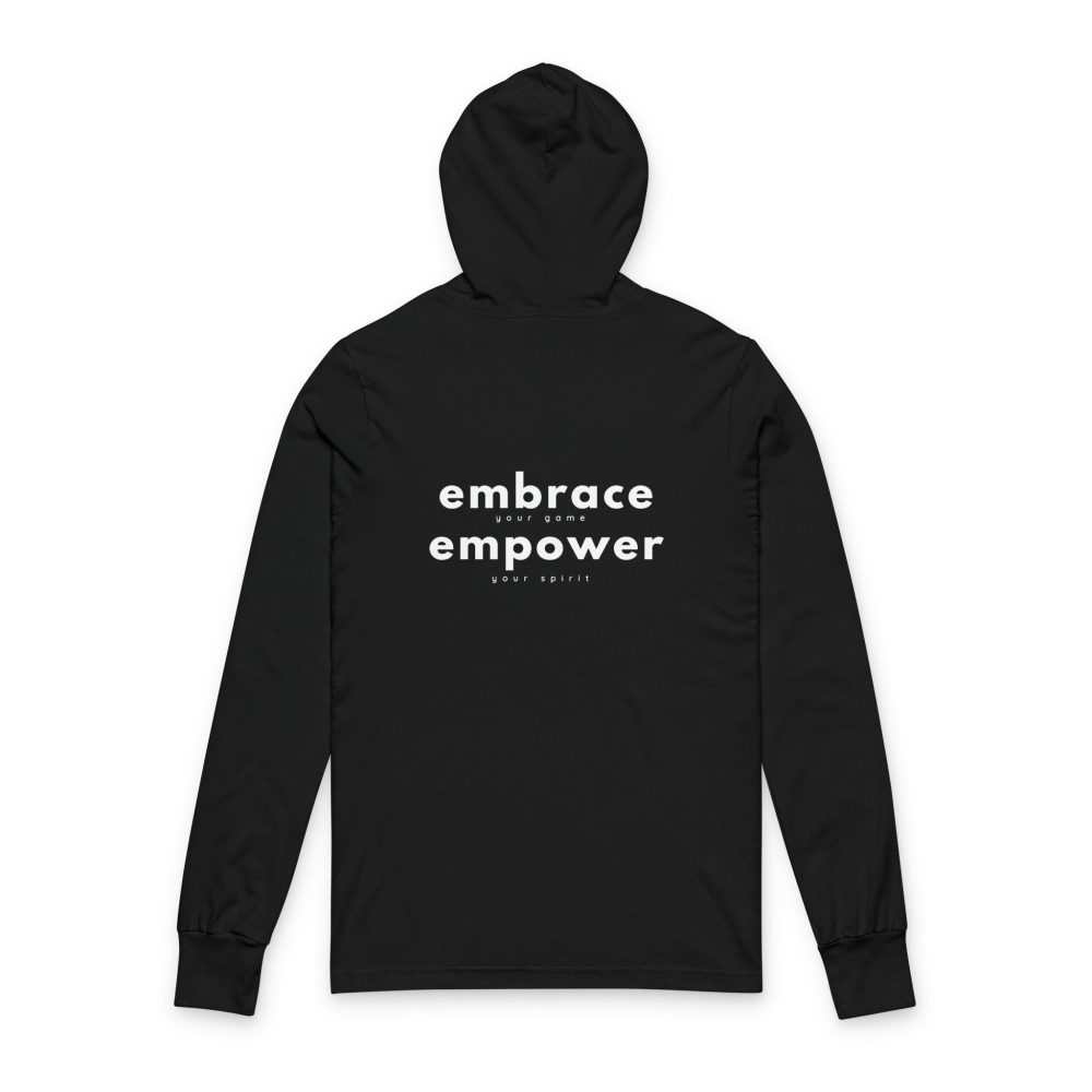 Black hoodie with 'embrace empower' text on back