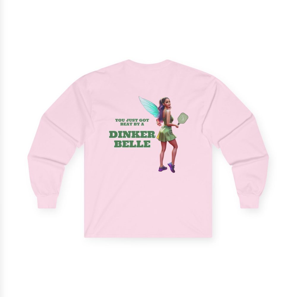 Pink shirt with Dinker Belle design and text.