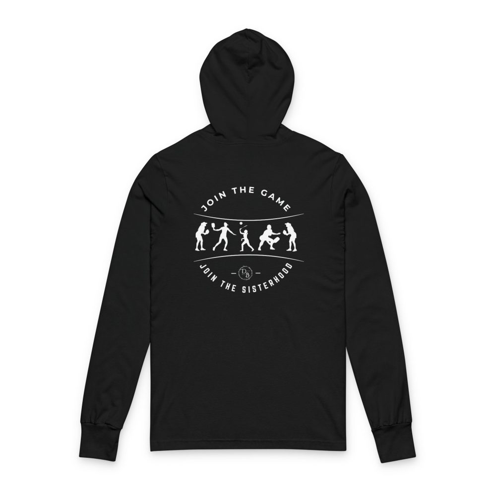 Black hoodie with sports design and motivational text.