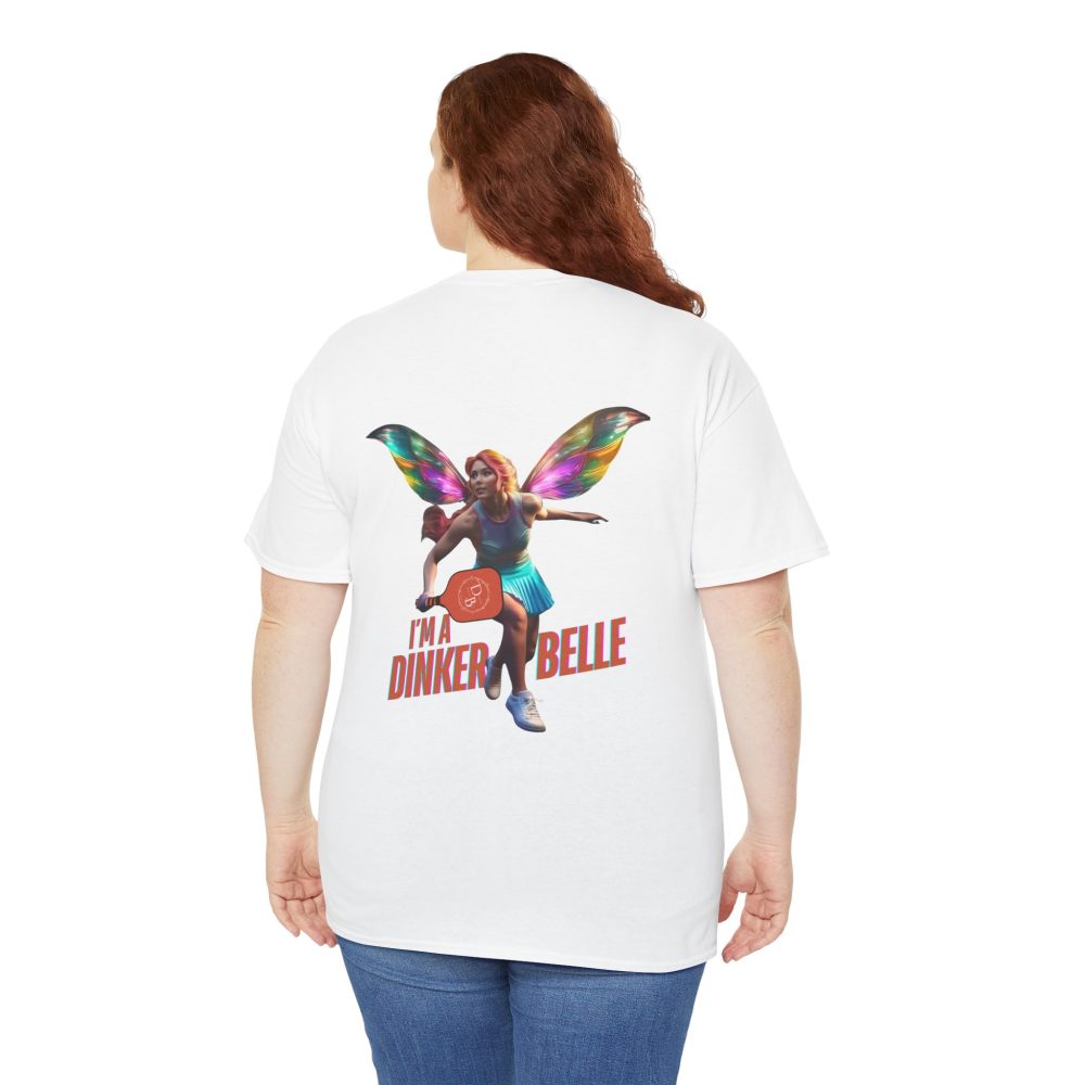 Woman wearing T-shirt with colorful fairy design.