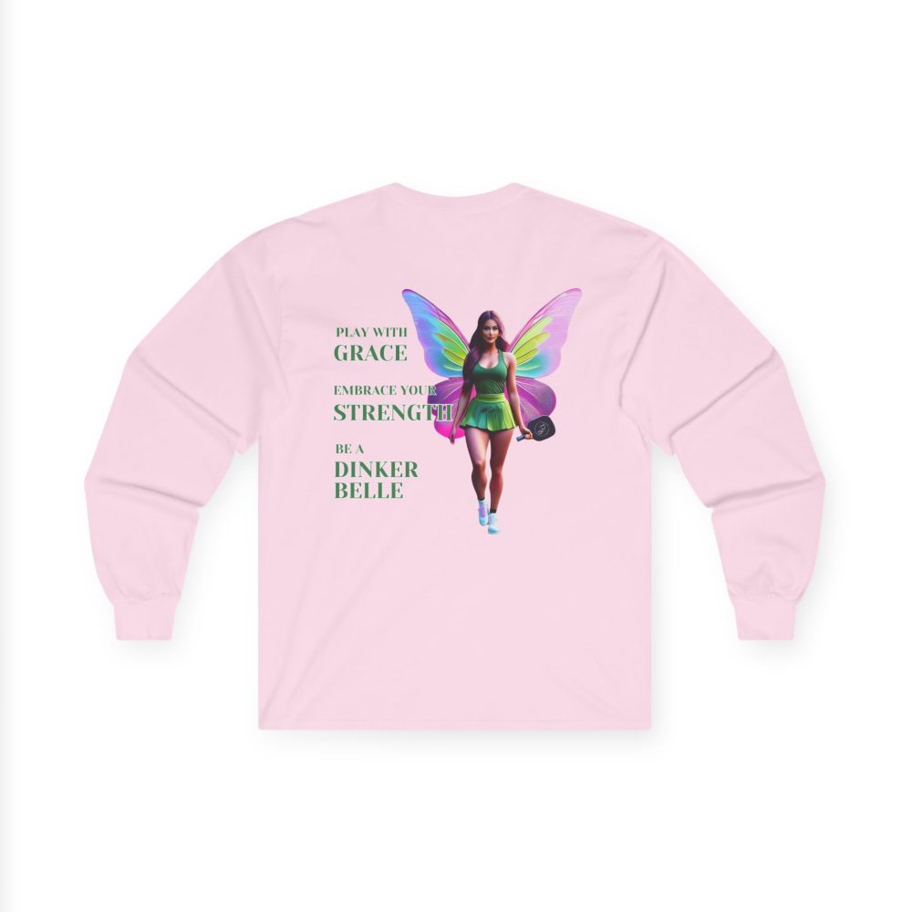Pink shirt with winged athlete and motivational text.