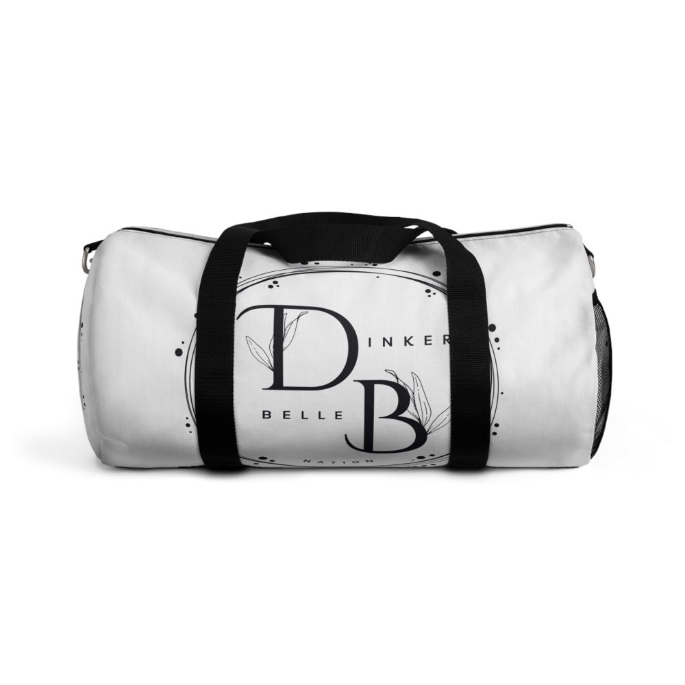 White duffel bag with black straps and logo.