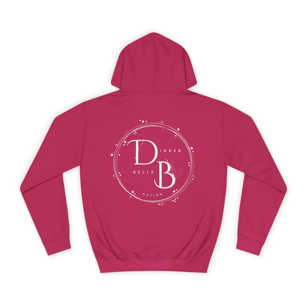 Pink hoodie with circular logo design.