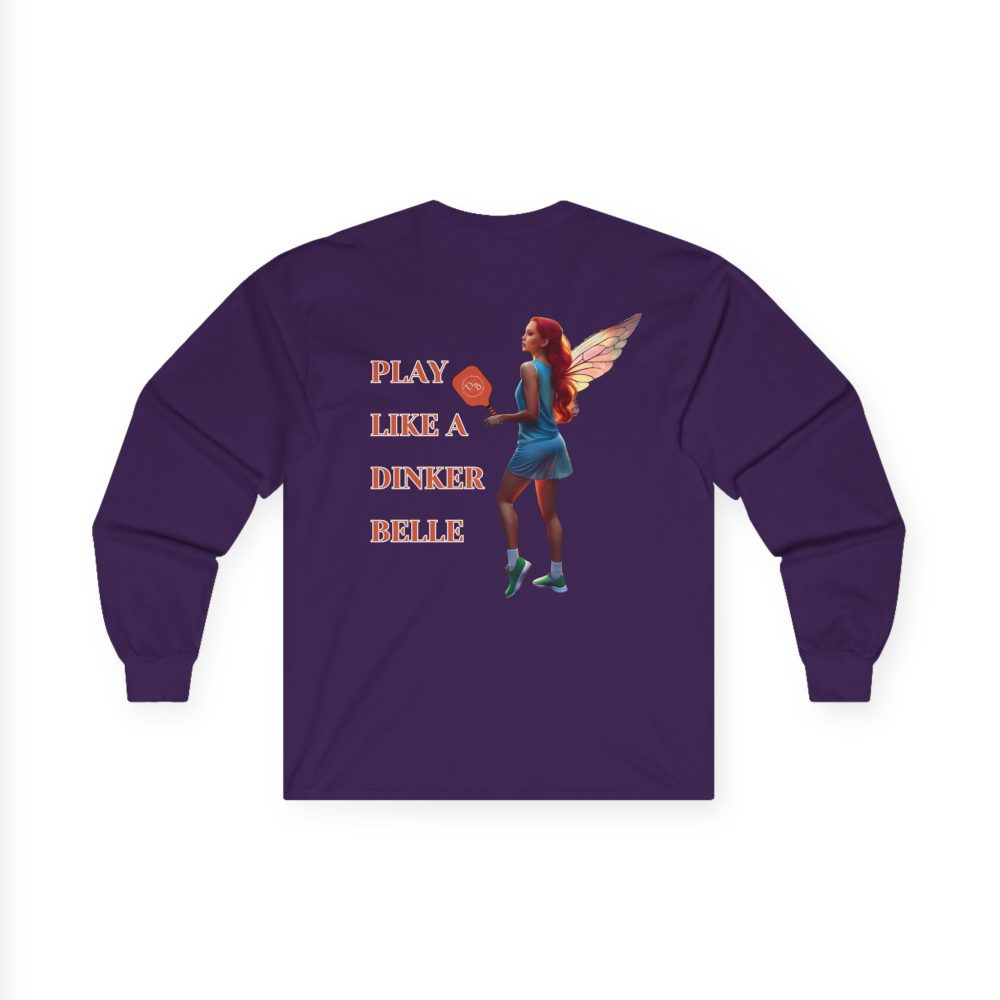 Purple shirt with fairy playing pickleball design.
