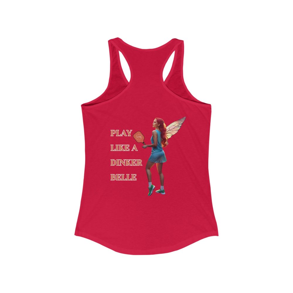 Red tank top with fairy playing pickleball design.