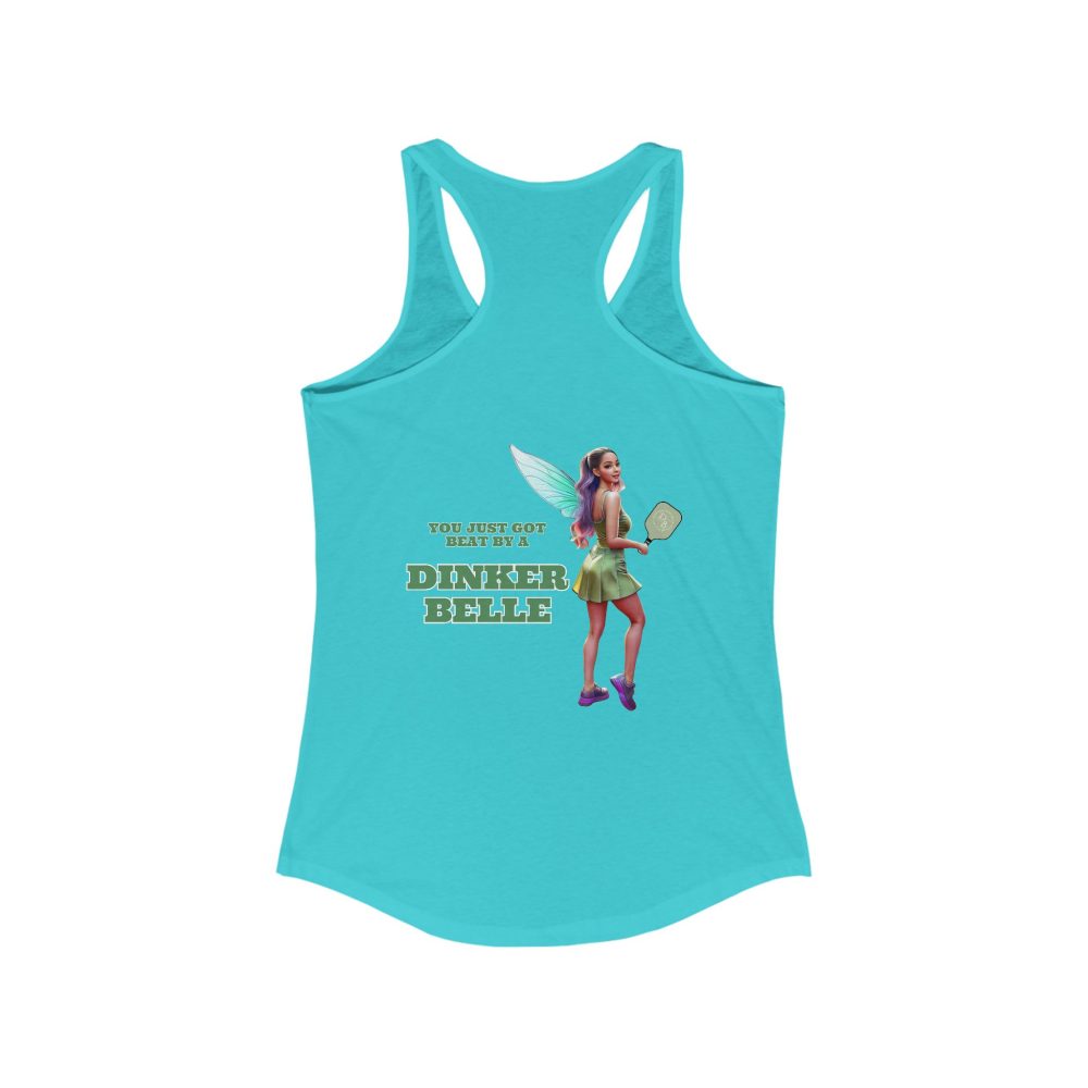 Turquoise tank top with fairy playing pickleball design.