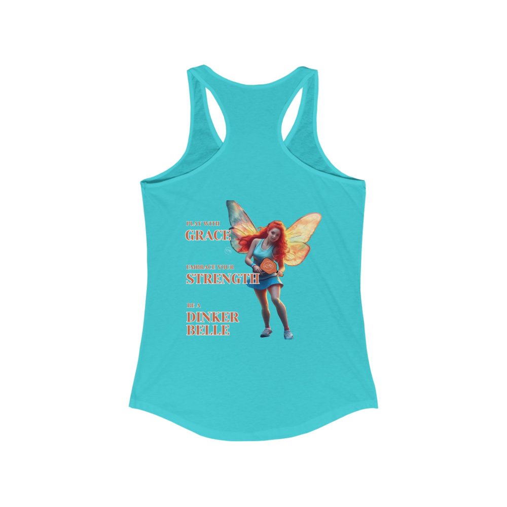 Turquoise tank top with fairy and motivational text.