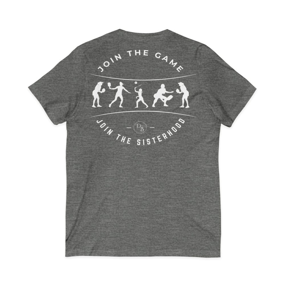 Gray t-shirt with sports silhouettes and text slogans.