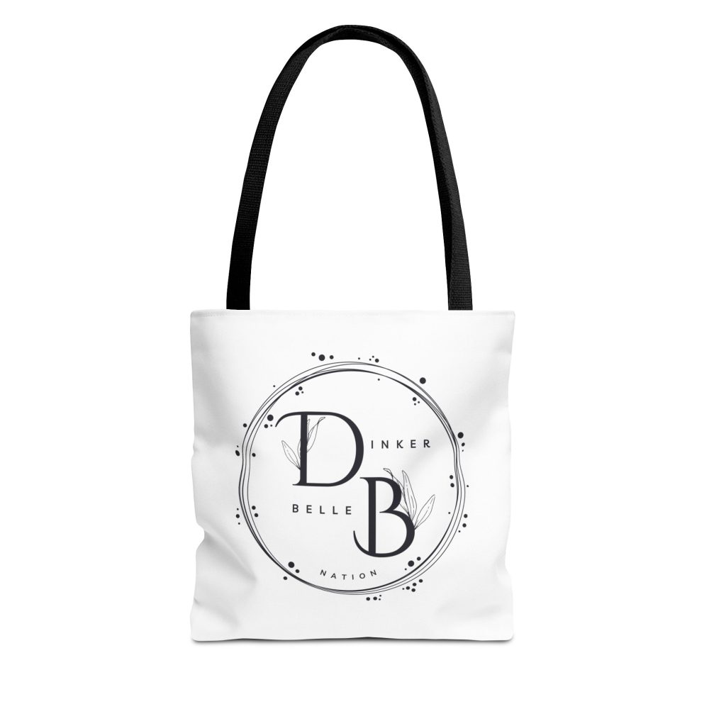 White tote bag with decorative logo design.