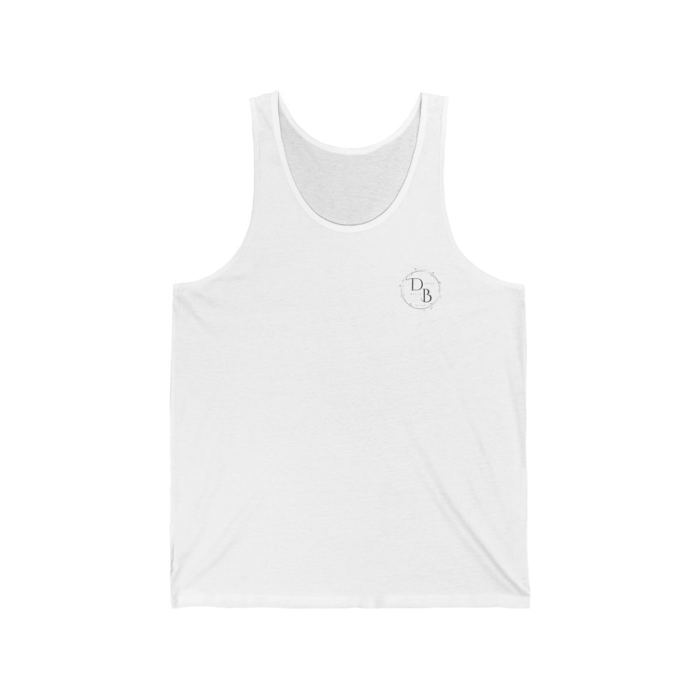 White unisex tank top with small logo design