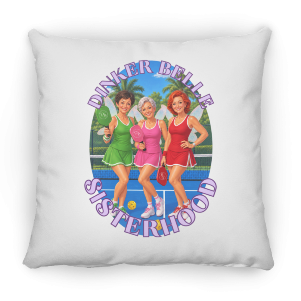 White pillow with Dinker Belle Sisterhood pickleball players design