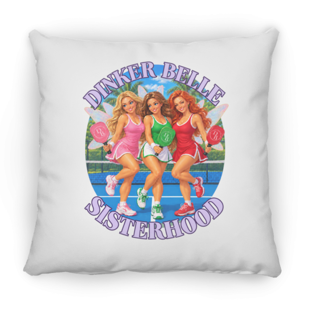 White pillow with Dinker Belle sisterhood tennis fairy illustration
