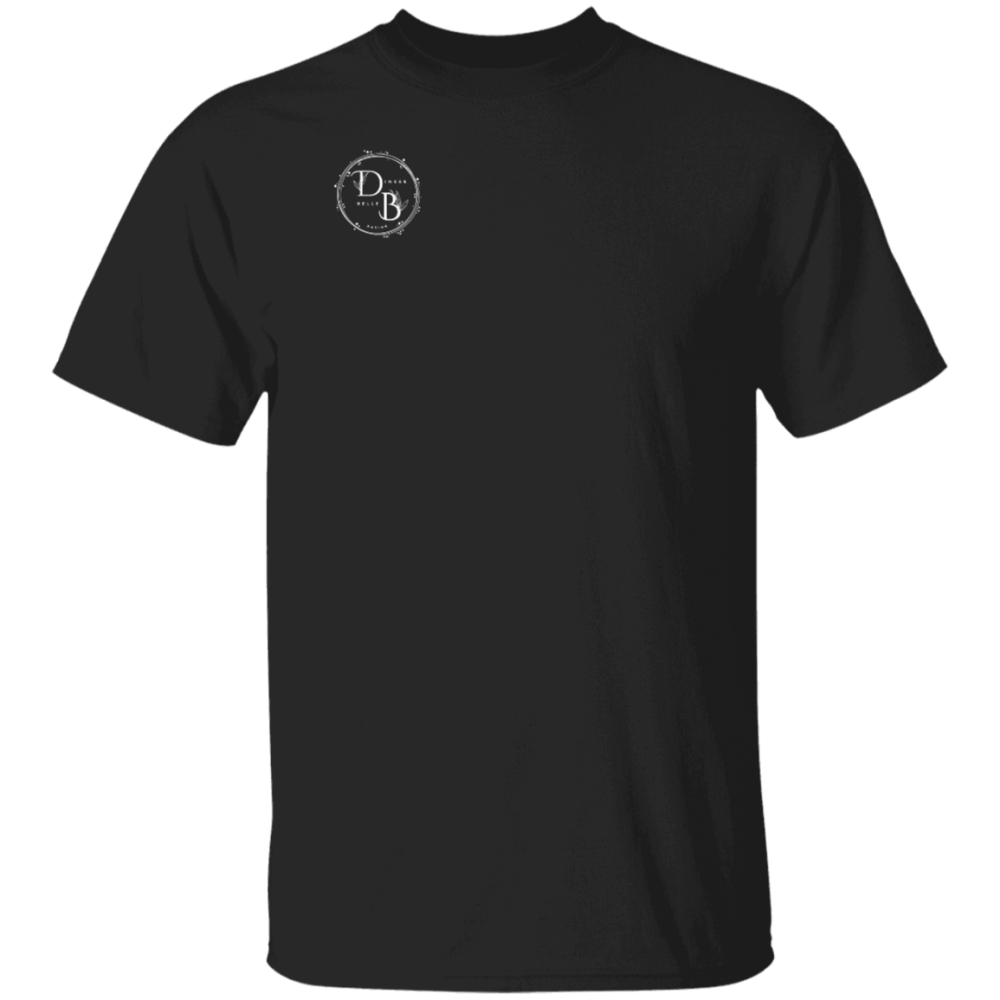 Black crew-neck T-shirt with small circular chest monogram